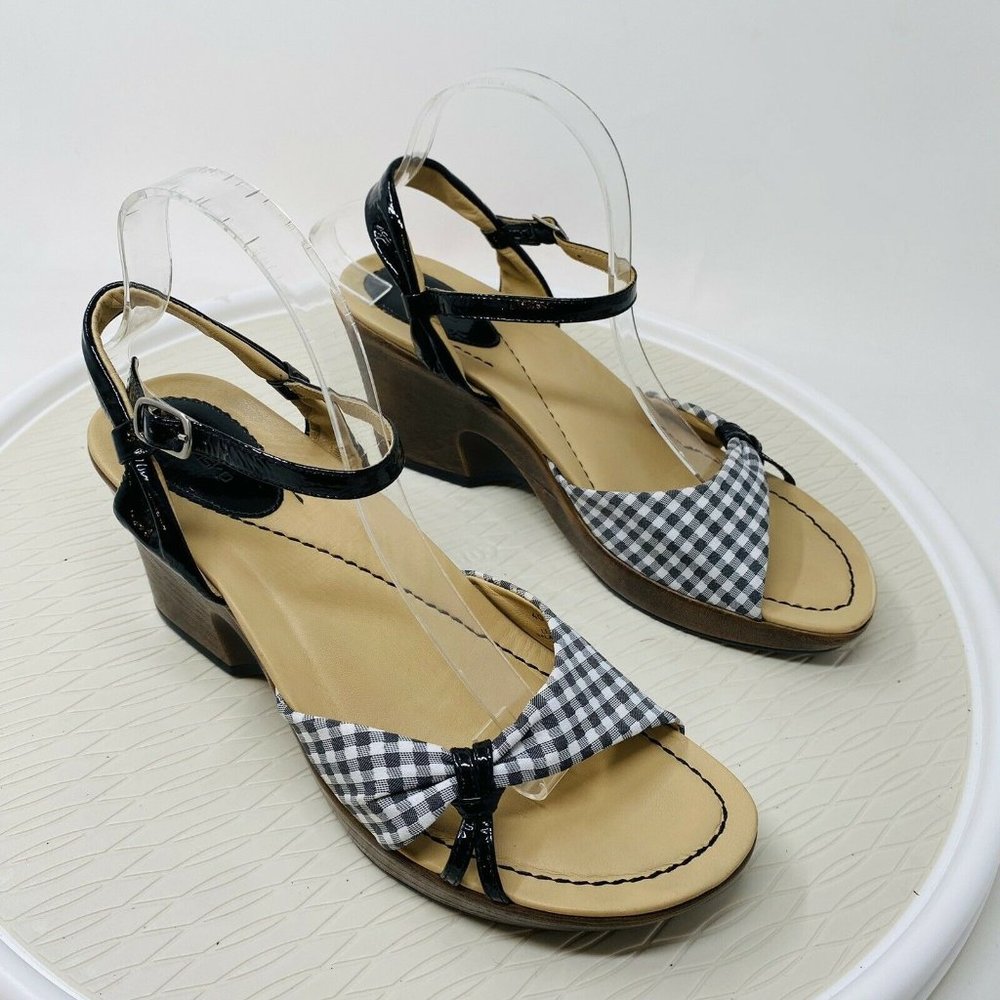 Dansko Sandals EU 40 9 9.5 Gingham Plaid Clogs Comfort Shoes Leather Black White